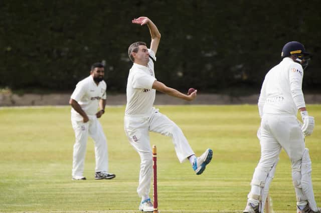 Woodlands bowler and captain Brad Schmulian on his way to taking five wickets against Townville. Picture: Jim Fitton