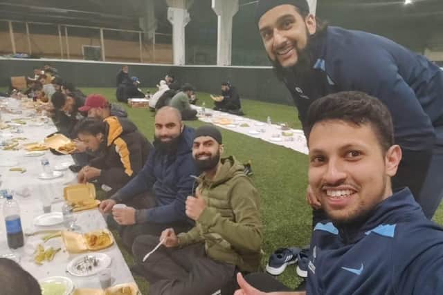 Organisers of the Yorkshire Ramadan Cup, Hamzah Hussain, community development officer for the YCF, alongside college Sohail Raz, diverse communities manager for YCF, taking part in the Iftar with members of the community.