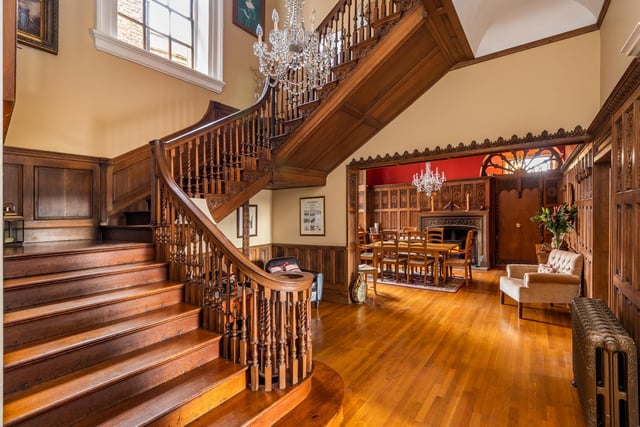 The impressive angled staircase is a striking element of the house interior.