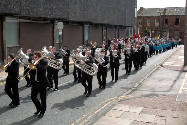 The start of Wakefield district Scout parade along Bell Street, which followed to Wood Street to a ceremony at Wakefield Cathedral on St George's Day 2006.