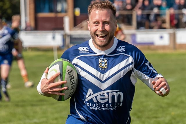 Gleeful Pontefract player-coach Craig Fawcett on his way to the first of a brace of tries. Picture: Jonathan Buck