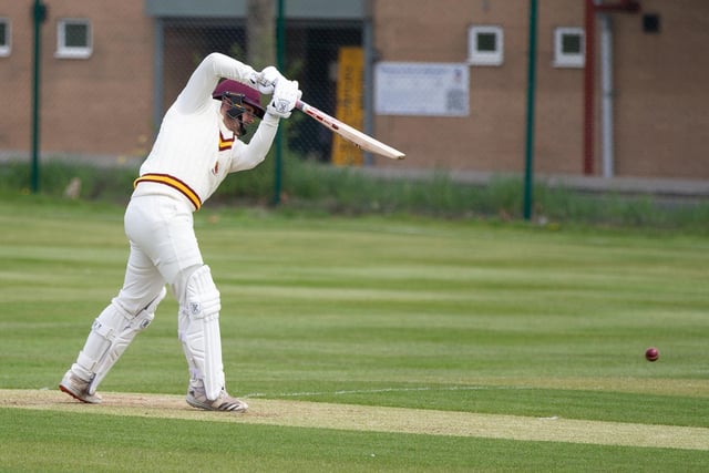 Jordan Laban holds the pose after a good looking shot in his innings of 14 for Methley.