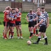 Normanton Knights celebrate scoring a try against Heworth. Picture: Rob Hare