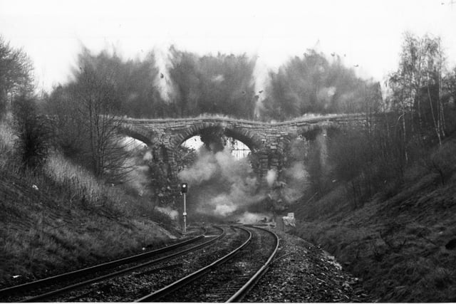 The bridge at Swanhill Lane, Pontefract, is blasted to bits, 1982.