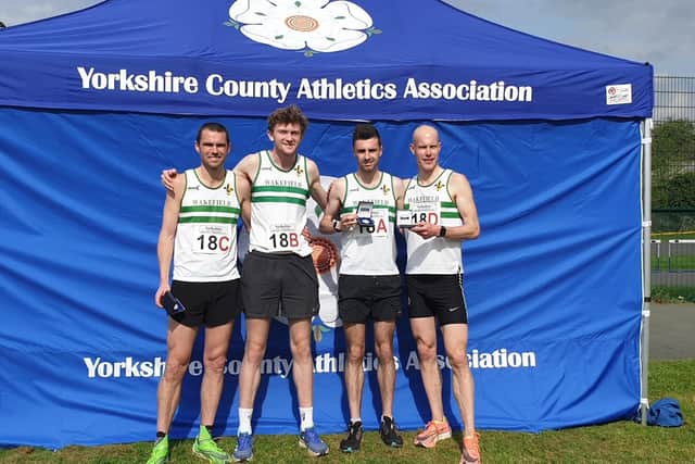 Wakefield Harriers’ senior men’s ‘A’ team Mark Bostock, Daniel Franks, Ben Butler and Andrew Cartwright won silver medals at the Yorkshire Road Relays event in Wakefield.