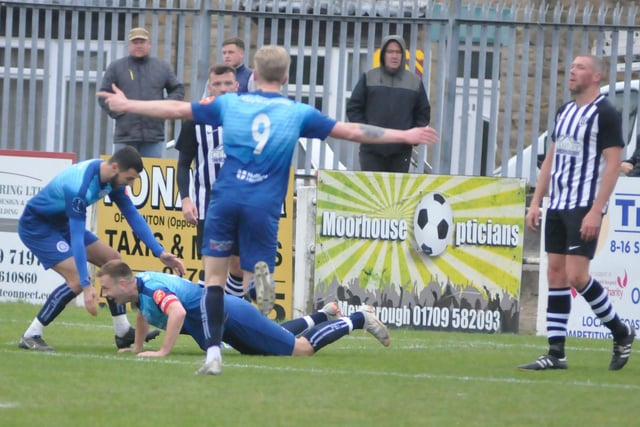 Jimmy Morris celebrates his goal in the big match for Wakefield AFC.