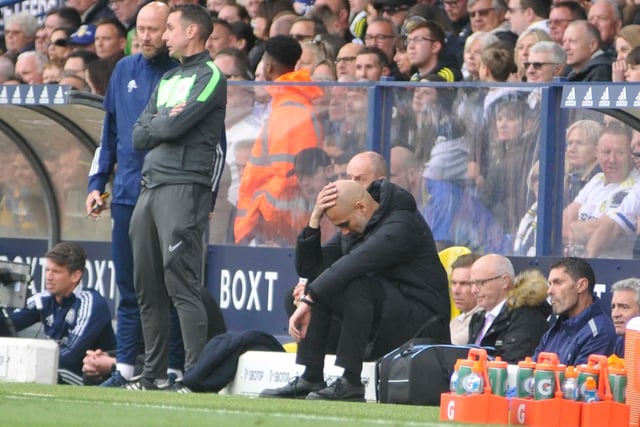 Manchester City manager Pep Guardiola during the game at Elland Road.