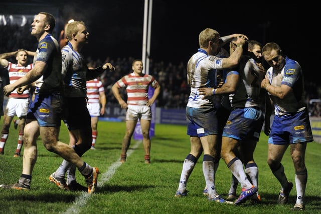 The big story in the Express 10 years ago this week was Featherstone Rovers' fifth round Challenge Cup tie against Wigan Warriors. Here Gareth Raynor celebrates with teammates after scoring a try.
