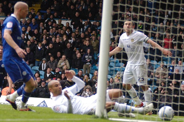 Danny Webber slides in to make sure the ball goes over the line in Leeds United's last game of the 2011-12 season against Leicester City. It was not a happy finish, however, as the Whites lost the game and ended with a record 11 home losses.