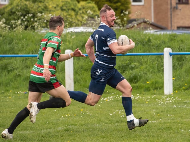 Jake Perkins outpaces the cover to score the first of his three tries. Picture: Jonathan Buck