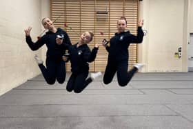 Jumping for joy: Wakefield Gym Club’s Willow-Rose Styles, Sammie Wilkins and Poppy Horgan who won silver medals at the Inter Regional Championships.