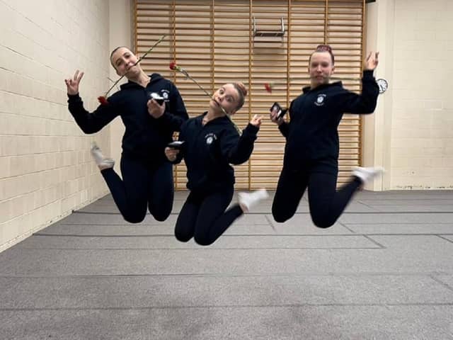 Jumping for joy: Wakefield Gym Club’s Willow-Rose Styles, Sammie Wilkins and Poppy Horgan who won silver medals at the Inter Regional Championships.
