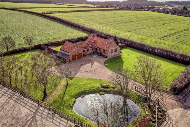 An overview of the extensive property and grounds, with lawns and pond.