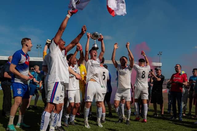 Wakefield AFC players were celebrating at the weekend after clinching the Sheffield & Hallamshire County Senior League title and promotion to the NCE League where they will play against neighbours Nostell MW and Glasshoughton Welfare next season. Picture: Steve Biltcliffe