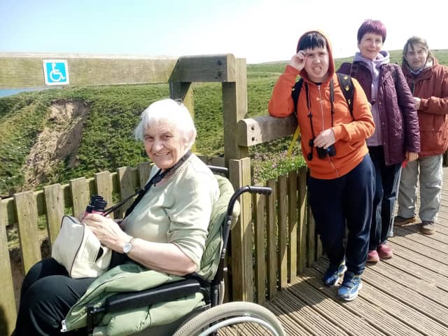 Some of the Wakefield Weekend Outings group members enjoying the sounds, sights and smells of the seabirds at Bempton Cliffs.