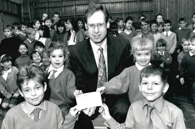 Kirkhamgate Junior & Infants School, presentation of cheque for children’s cancer fund, 1992.