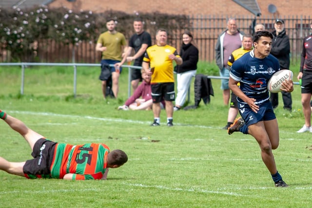 Prashant Veerasamy leaves a Myton player on the ground as he scorches home for a try. Picture: Jonathan Buck