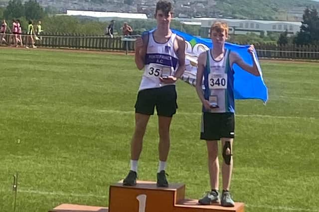 Pontefract Athletics Club’s Jack Holmes on the podium after producing a personal best to win a gold medal in the Yorkshire County Track and Field Championships.
