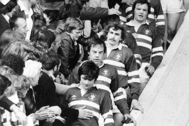 Dave Topliss, Graham Idle, Andrew Fletcher and Mike Lampowski are pictured as Wakefield Trinity players troop down the Wembley steps in 1979