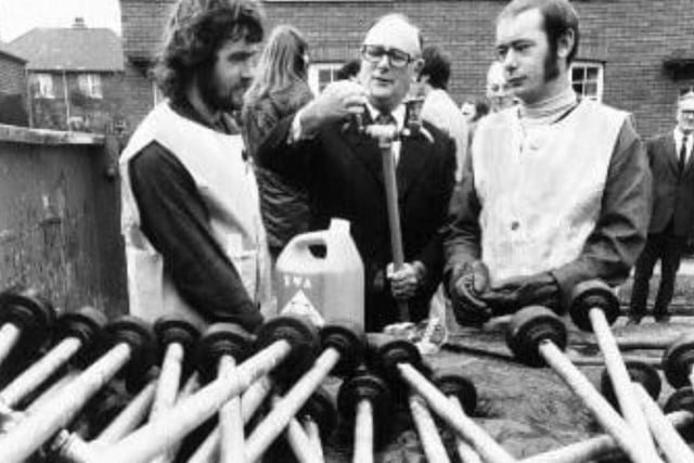 MP Denis Howell with workmen putting standpipes at Wakefield during the drought of 1976.