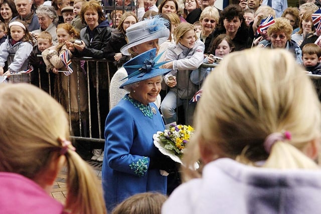 The Queen on walkabout after the Maundy Thursday Service at Wakefield Cathedral, 2005.
