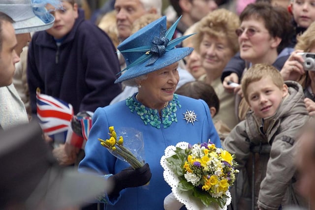 The Queen on walkabout after the Maundy Thursday Service at Wakefield Cathedral, 2005.