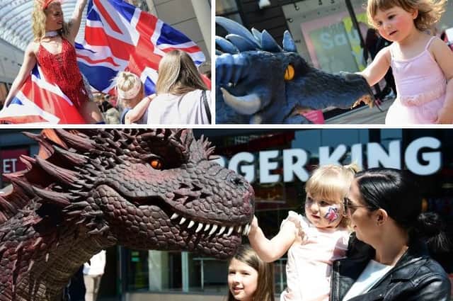 A walkabout dragon, stilt walkers and cosplay queens from Game of Thrones and Frozen all celebrated the Jubilee at Trinity Walk.