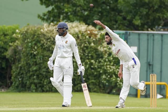 Mohammad Suleman delivers on his way to taking 2-81 for Wrenthorpe in their Division One game against Wrenthorpe. Picture: Scott Merrylees