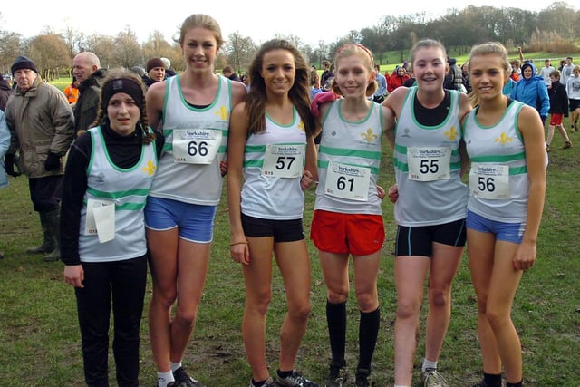 Yorkshire Cross Country Championships. Wakefield DHAC U15s team members Lucy Robinson, Sophie Woolin, Rachel Firth, Annabel Mason, Faye Beckett and Rebecca Firth.