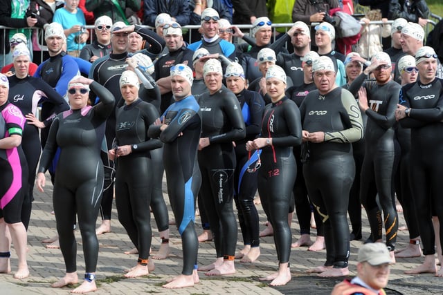 Swimmers look at the water with apprehension before tackling Pugneys for the Jane Tomlinson Swim for All event.