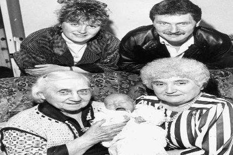 From left to right, standing: mother Tracy Box and grandfather Alan Box. Sitting left to right; great-great-grandmother Elizabeth Helen Whittaker, baby Nicola Whittaker and great-grandmother Kathleen Box