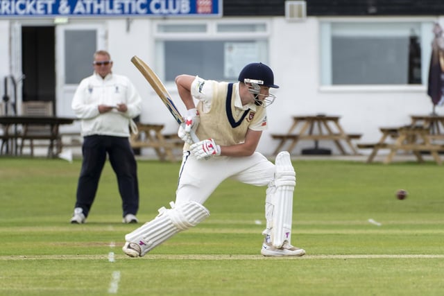 Opener Ethan Lee has his eyes on the ball as he bats for Cleckheaton against Ossett. Picture: Scott Merrylees