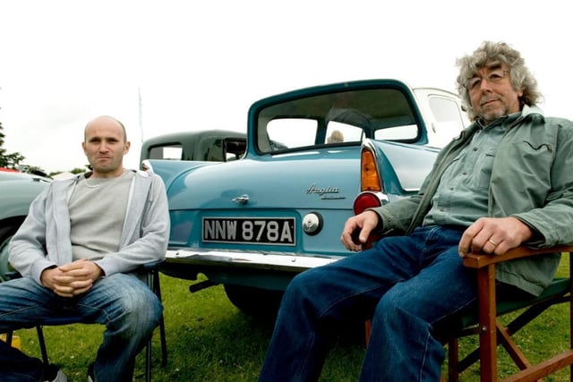Mark Ellis & John Crowther relax with their Ford Anglia on display at the Horbury show.