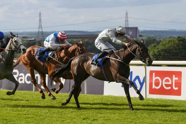 Mark Johnston's Enfranchise gets ahead of stable mate Approachability to win at Pontefract. Picture: Hannah Ali