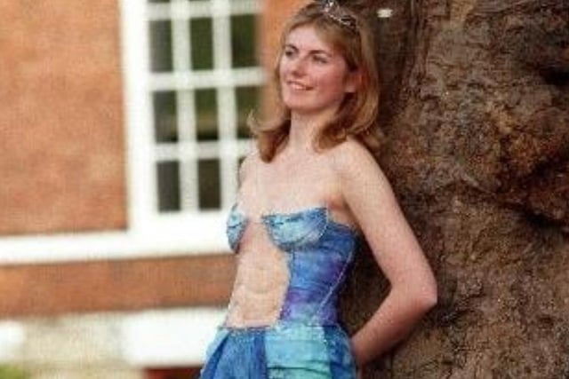 Wakefield Girls High School student Joanna Storey wearing a silk dress designed by Melissa Hale based on a water theme, part of the 1998 Fashion show at the school.