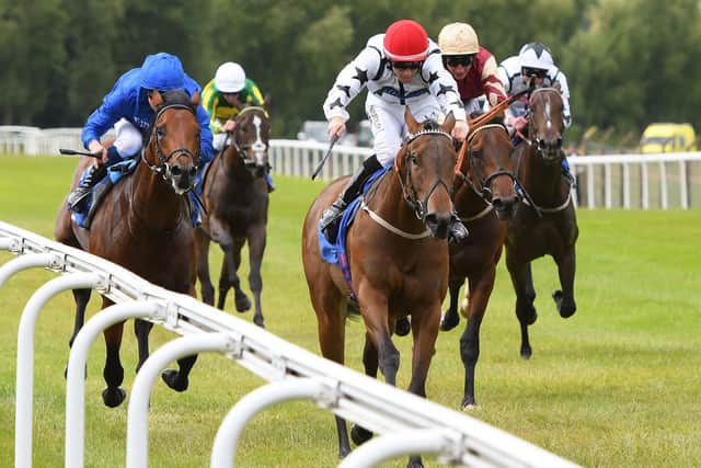 Roger Fell’s Shandy Star gets ahead to win Pontefract's feature race. Picture: Alan Wright