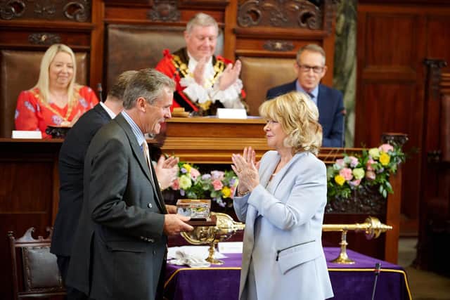 Lord St Oswald was awarded the freedom of Wakefield by council Leader Denise Jeffery at a ceremony at County Hall. Picture by Paul Medlock