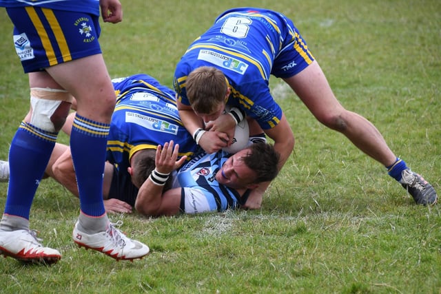 Tough tackling action. Picture: Rob Hare