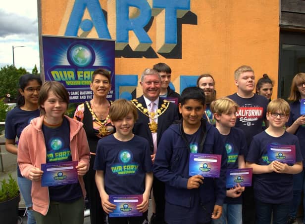 The video game team with the Mayor and Mayoress of Wakefield, Counc David Jones and Annette Jones.