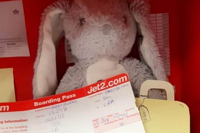 Bun-Bun got his own boarding pass for his return flight.