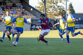 Iyrwah Gooden shoots to score Emley AFC's first goal in their pre-season game against Stocksbridge Park Steels. Picture: Mark Parsons