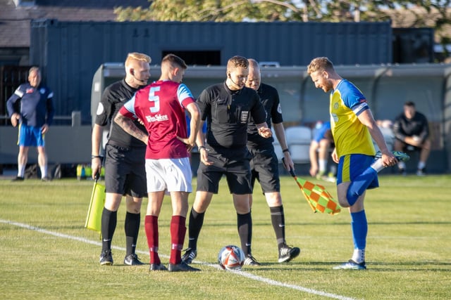 The Emley and Stocksbridge captains at the coin toss before the pre-season game gets under way at the Fantastic Media Welfare Ground. Picture: Mark Parsons