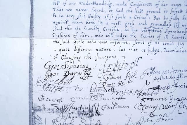 The petition in support of the two womwn accused of witchcraft showing Deorge Sedascue's name at the top