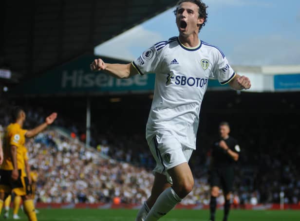 Brenden Aaronson celebrates after being involved with the winning goal for Leeds United against Wolves.