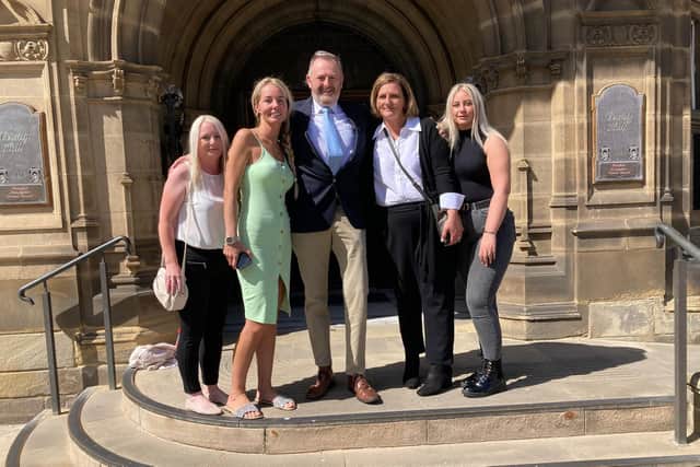 Melanie Greatorex, pictured second from the right outside County Hall, Wakefield, with (left to right) her friend Heather Cooper, sister Jenna Smith, licensing agent Nick Semper and daughter Casey Greatorex.