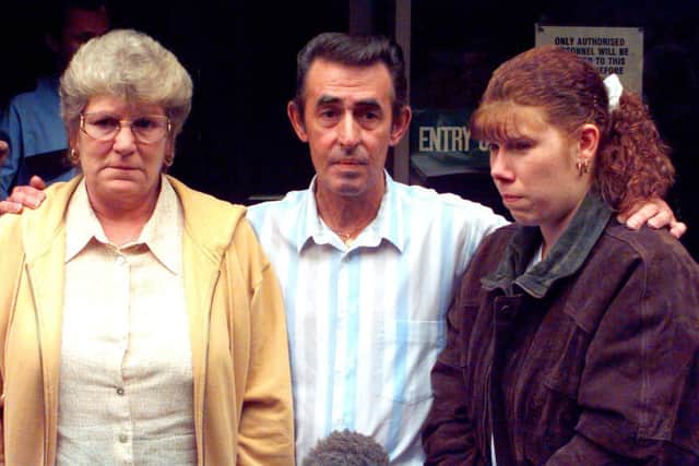 Parents Hillary and Malcolm Barraclough, pictured in September 1998 with their daughter Jane outside Leeds Crown Court, where Stephen Hughes was convicted of murdering their other daughter Rachel Barraclough.