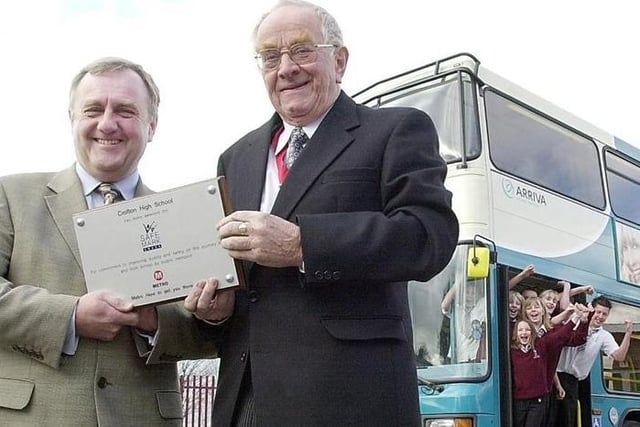 Taken in 2004, here's Crofton High School headteacher Mr Malcolm Myers (left) being presented with a Safemark Award by councillor Norman Hazel.