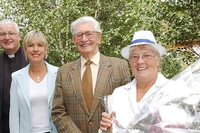 In 2005 at St James J&I School Crigglestone, Canon John White (chair of govs) andColleen Gibson (head teacher)said goodbye and thank you to Eric Gosnay (retiring gov) Mary Newby (retiring dinner lady)