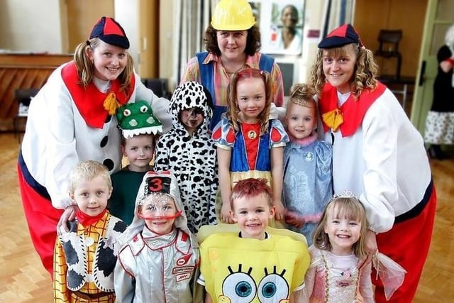 Wearing fancy dress for Red Nose Day in 2005 at Lee Brigg School are teachers Miss Waite, Miss Diane and Mrs Lyons with pupils Jack , Ebony , Toni , Geargia , Ben , Owen , Thomas and Hannah.
