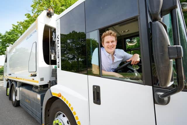 Wakefield Council's Deputy Leader, Jack Hemingway, in the electric refuse truck which is being trialled for 12 months.